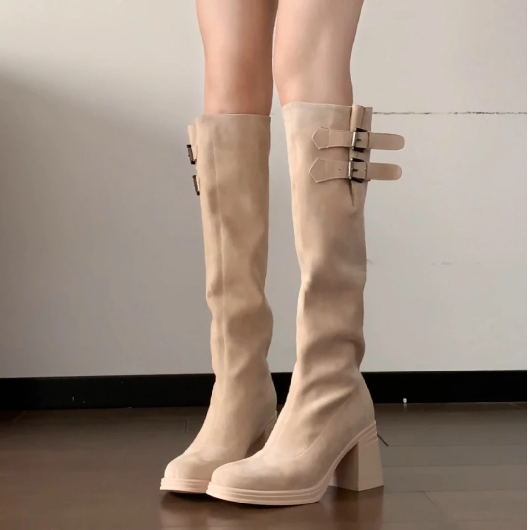 2025新款皮带扣褶皱堆堆靴女不过膝长靴复古风高筒骑士靴