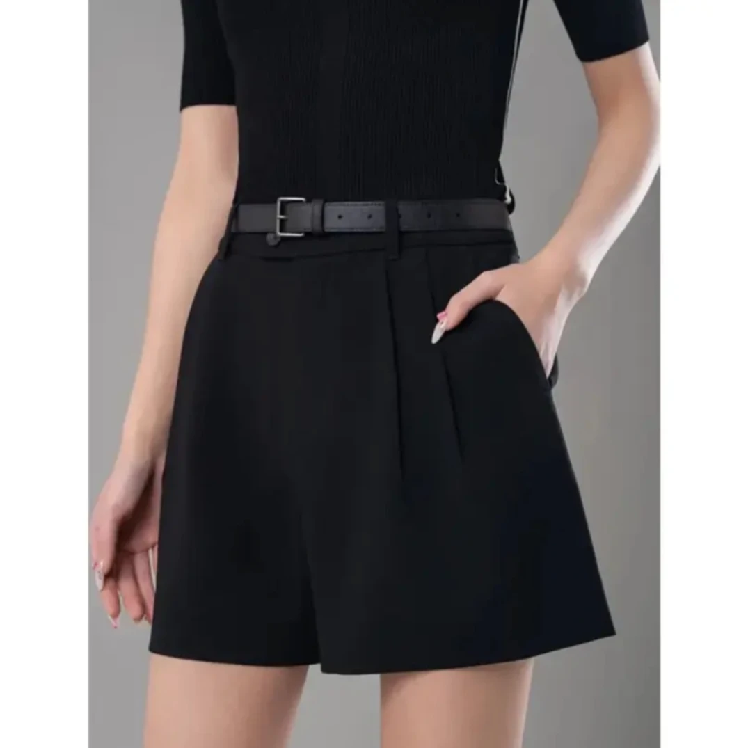 AMASS/阿玛施510001新款时尚百搭显瘦直筒裤气质高腰打褶夏日短裤