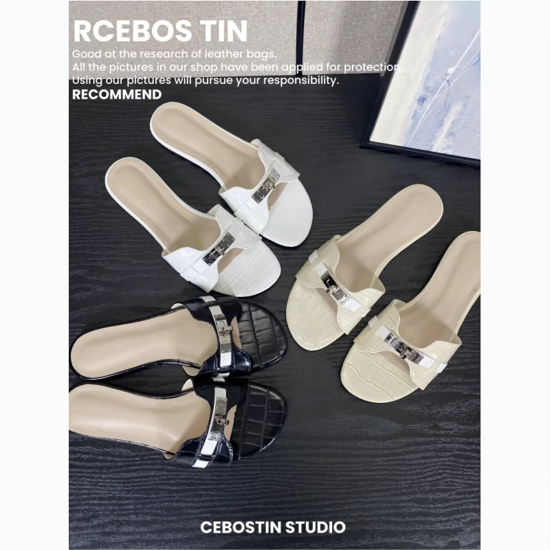 巨舒适~鳄鱼纹法式拖鞋女夏外穿小众高级感ins平底沙滩凉拖鞋女