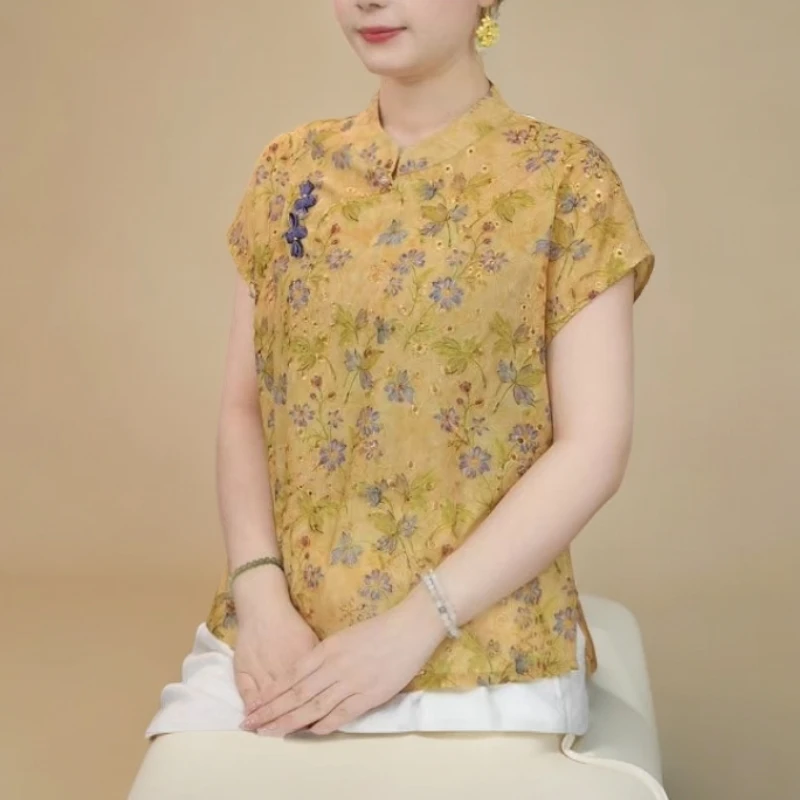 新中式斜襟女装刺绣洞洞衫气质休闲短袖上衣国风新设计原创正品发