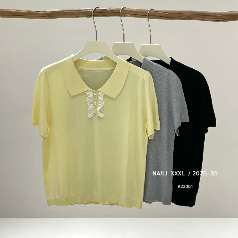 【乃粒】大码波花边娃娃领上衣女针织衫2025夏胖mm宽松短袖T恤23051