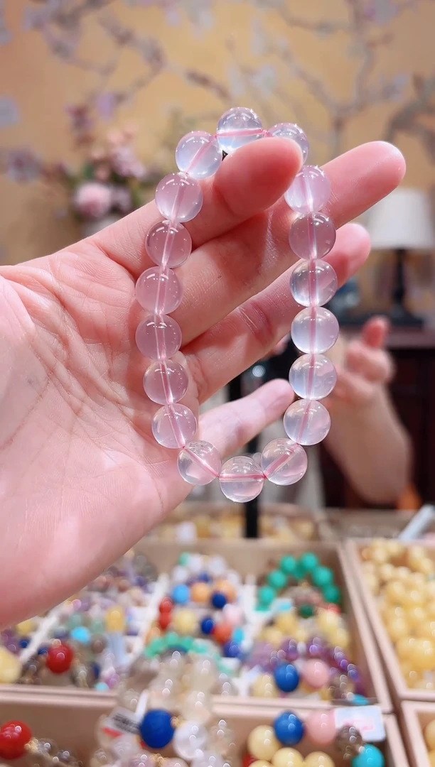 未镶嵌手串水晶天然粉晶，莫桑比克星光粉，天然晶体结构