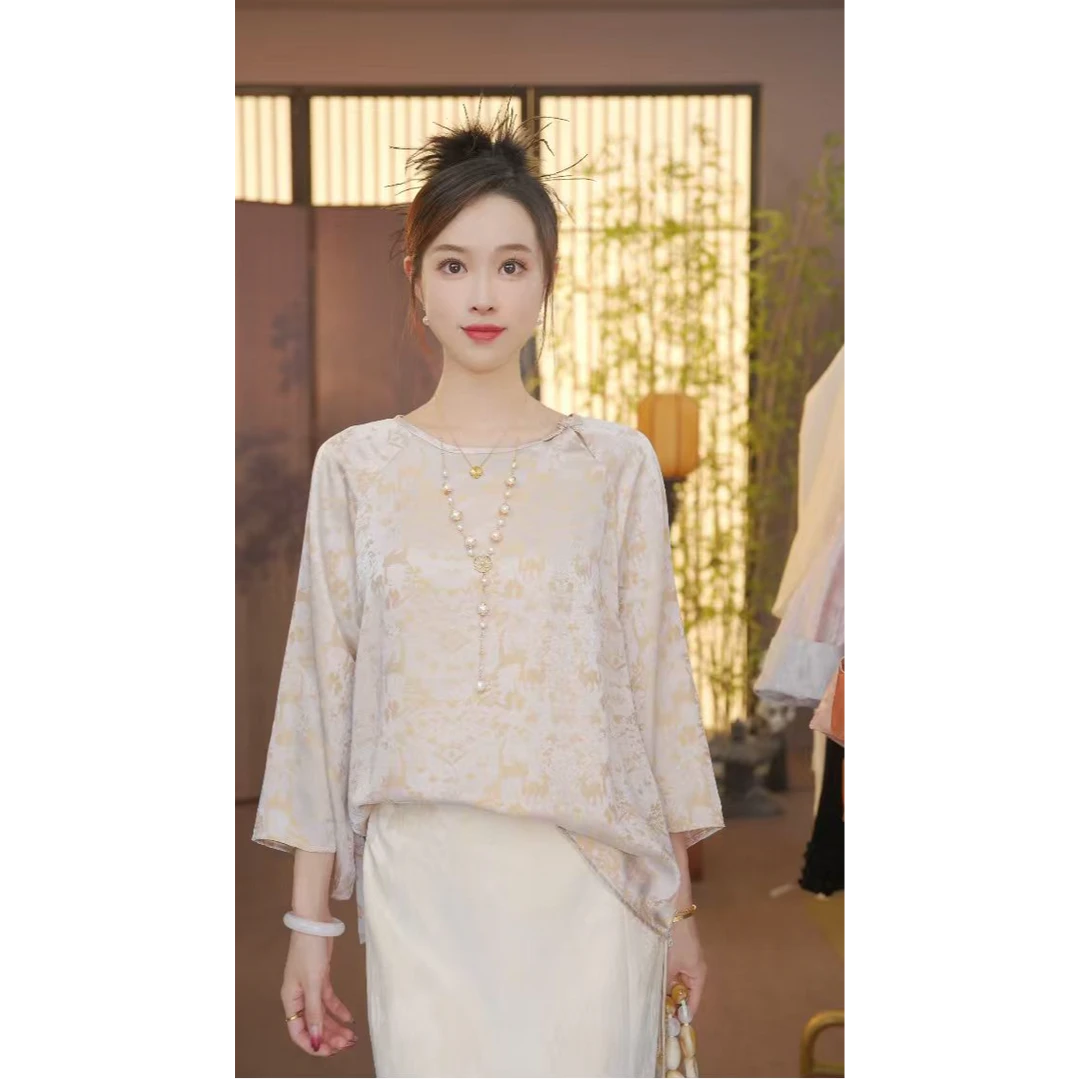 CJ 【素粉】新中式2025夏季气质百搭提花立领短袖上衣女YY25090204