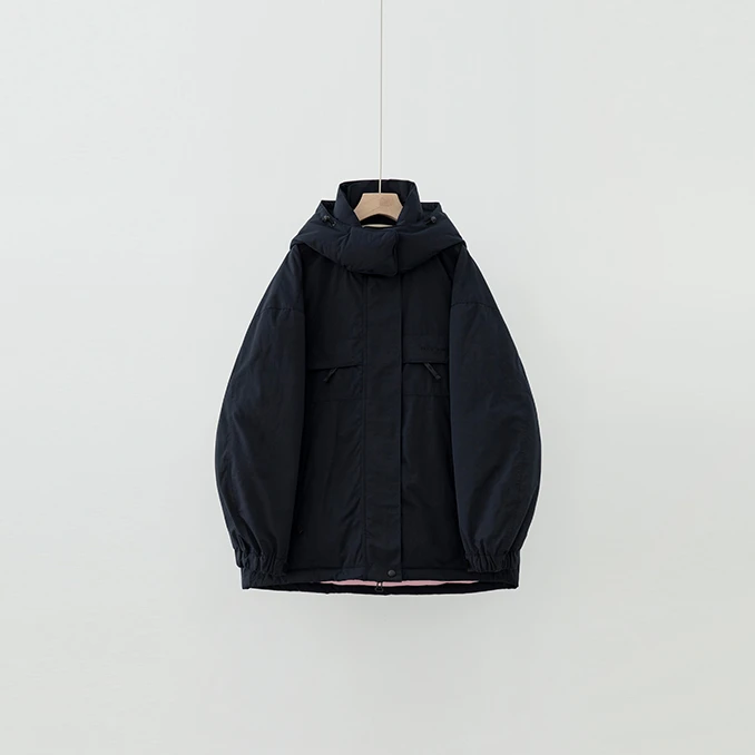 藏青拼粉厚保暖连帽休闲宽松羽绒服YRF4L1832