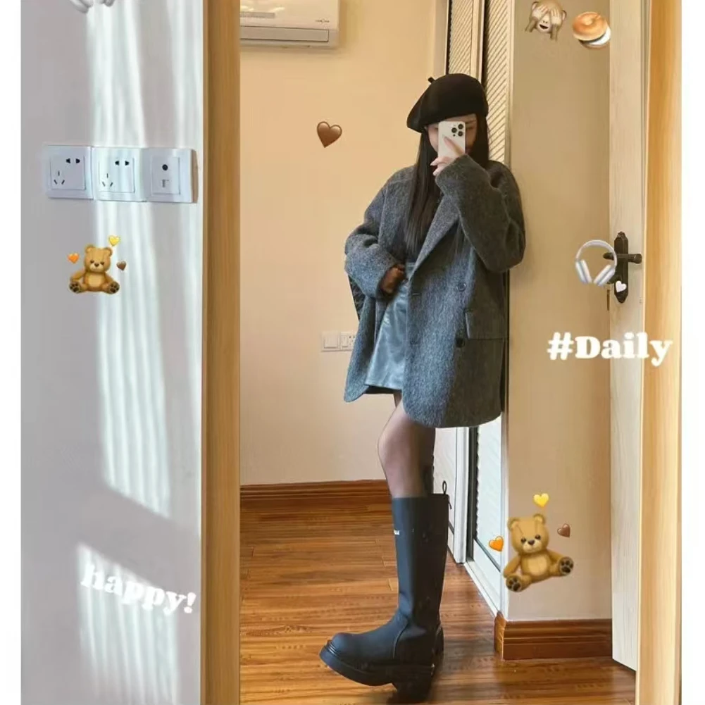 深灰色大衣秋冬韩系高级感超好看加棉短款西装毛呢外套女加厚