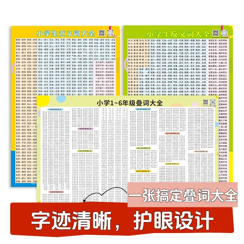 【全国通用】小学1-6年级词语AABB式叠词大全近义词反义词训练挂图