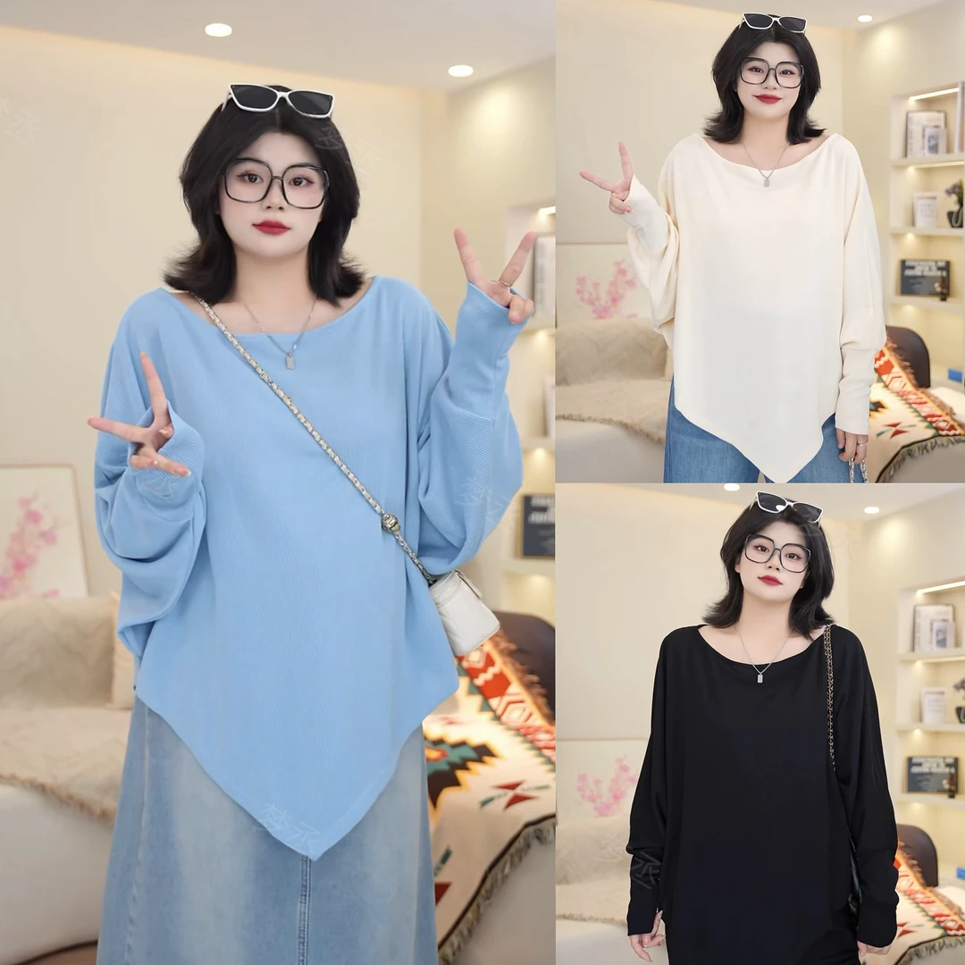 梦丞-大码女装慵懒风斜肩蝙蝠袖胖mm宽松冬季百搭长袖纯色针织衫