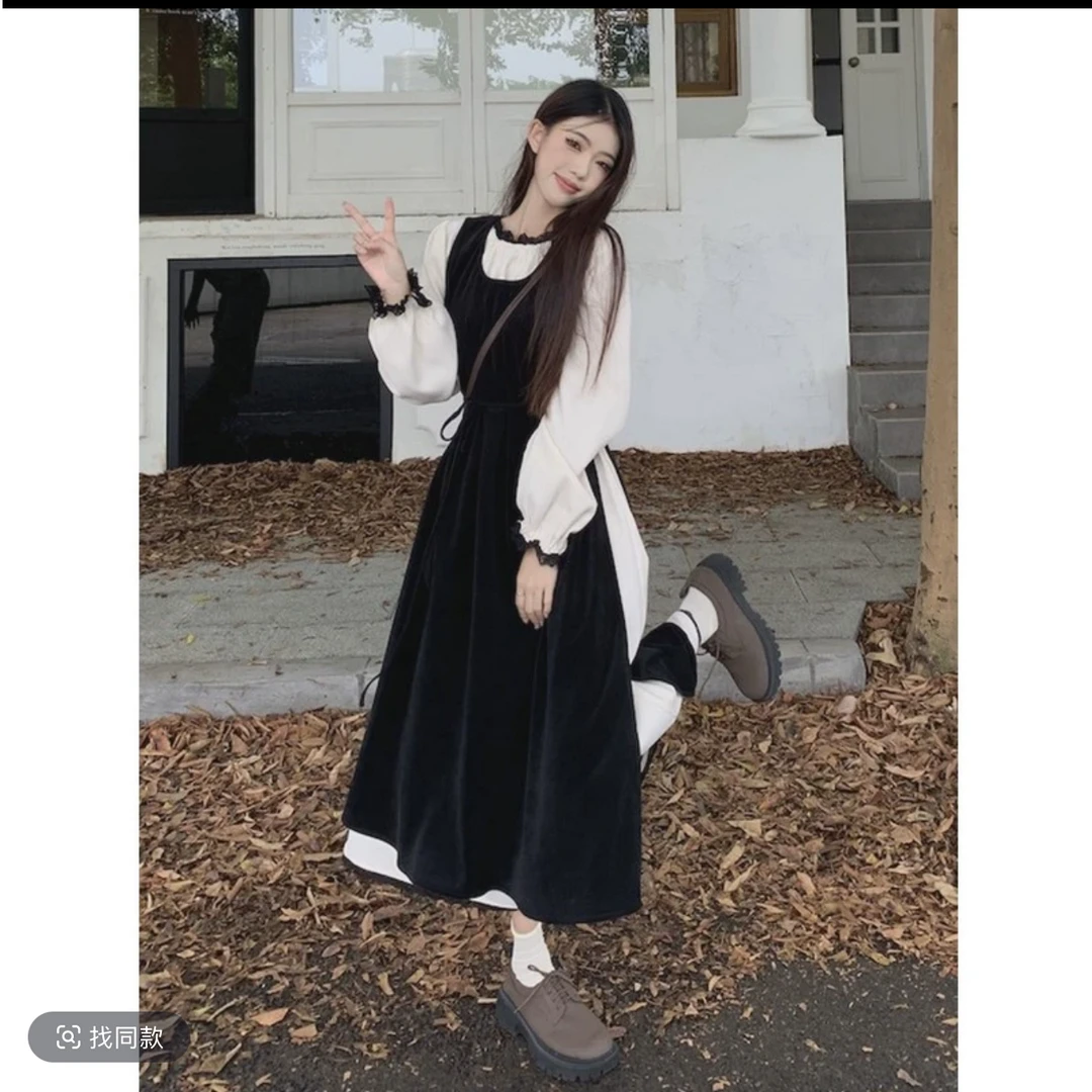 卡卡推荐·长袖赫本风温柔连衣裙复古小个子小黑裙两件套99026