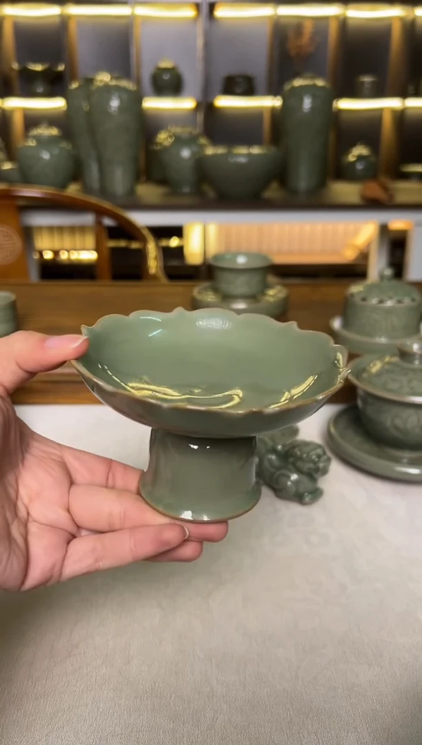 陶瓷耀州窑秘色纯手工花口高足盘