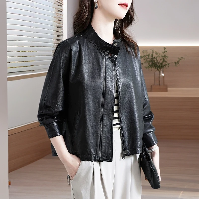 SARZ/飒姿2025短款小牛皮真皮皮衣时尚蝙蝠袖春秋女士皮夹克外套