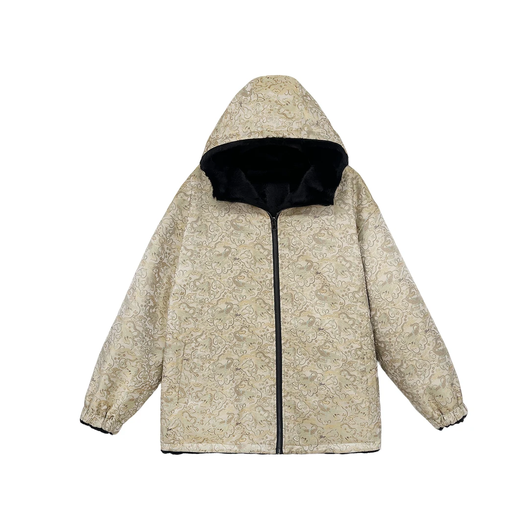 B251125-[龙云呈祥]秋冬新款桑蚕丝蜀锦云柔貂双面穿保暖连帽外套