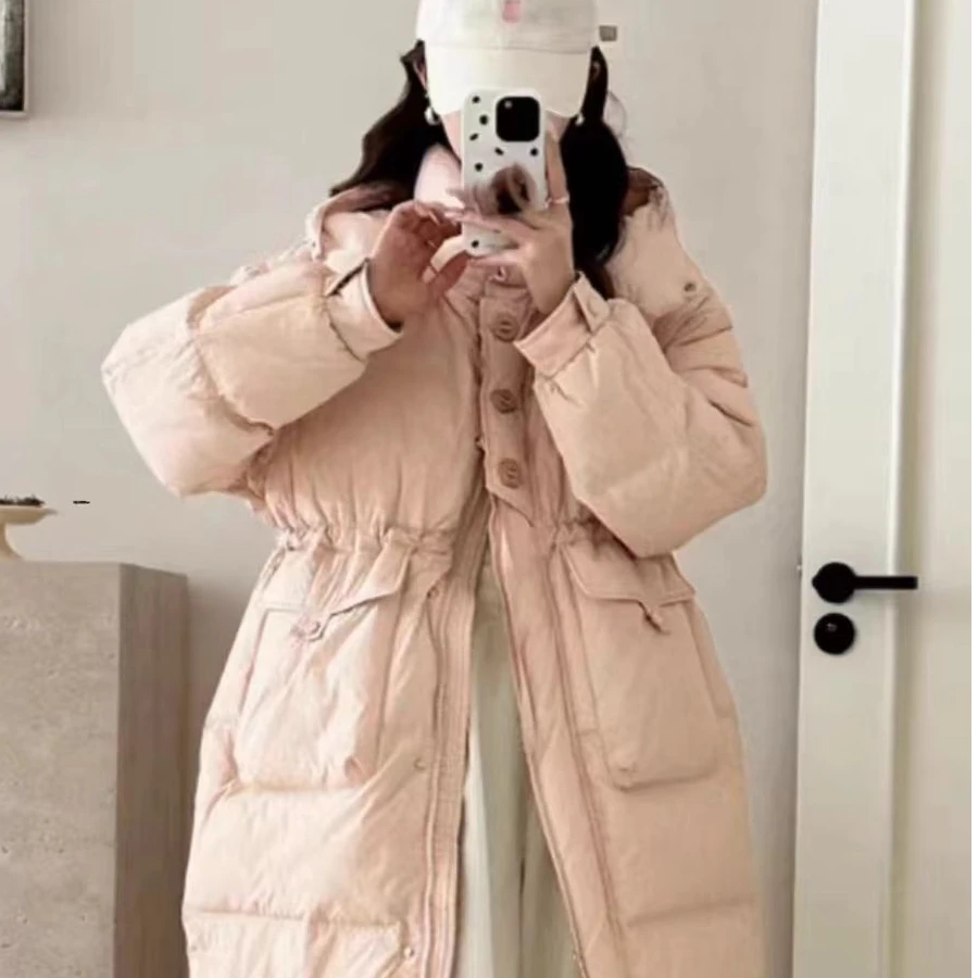 《甜甜专属》冬季24新款羽绒服韩版连帽收腰长款白鸭绒女百搭外套