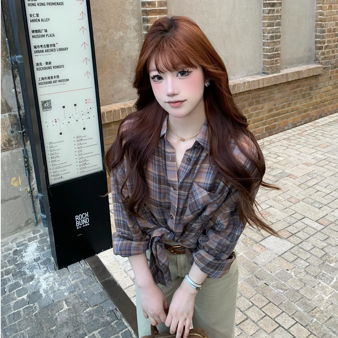 2025早秋新款时尚打底衬衫格纹宽松通勤洋气休闲百搭性感辣妹上衣