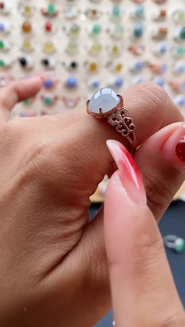 【闪购商品】翡翠戒指银S925镶嵌缅甸天然A货翡翠222 7+10