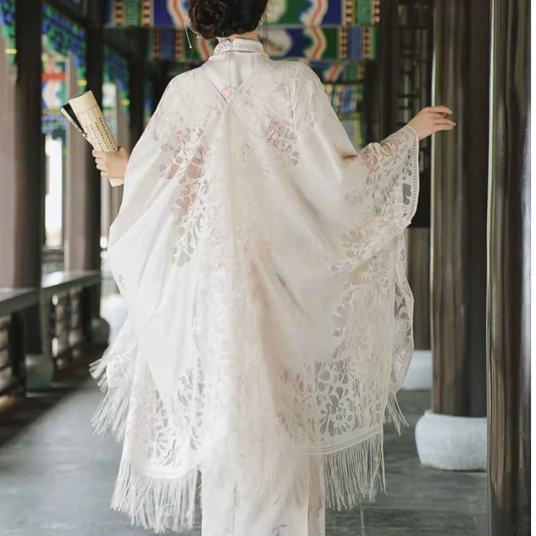 栀夏超仙流苏蕾丝披肩配旗袍外搭2025新款百搭薄款开衫防晒衫镂空