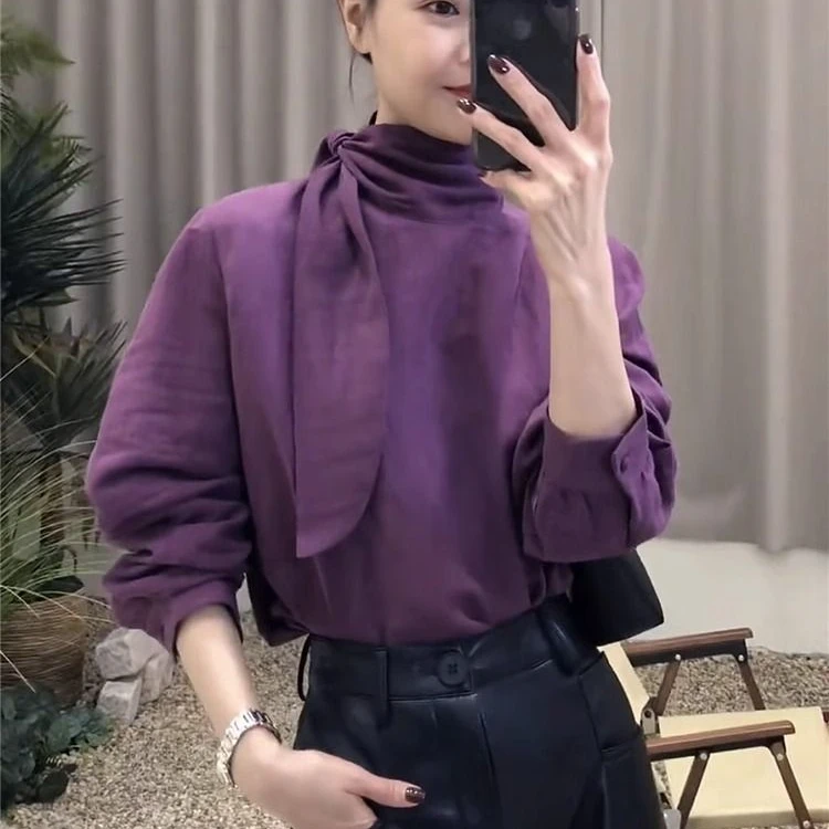 高级感法式小众香芋紫色衬衫女长袖春装新款设计感蝴蝶结立领上衣