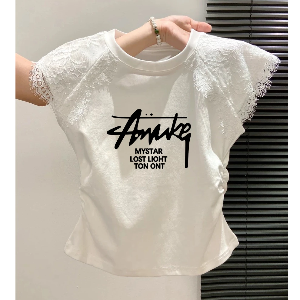 蕾丝拼接圆领短袖t恤女夏季2025新款爆款褶皱收腰小飞袖短款上衣