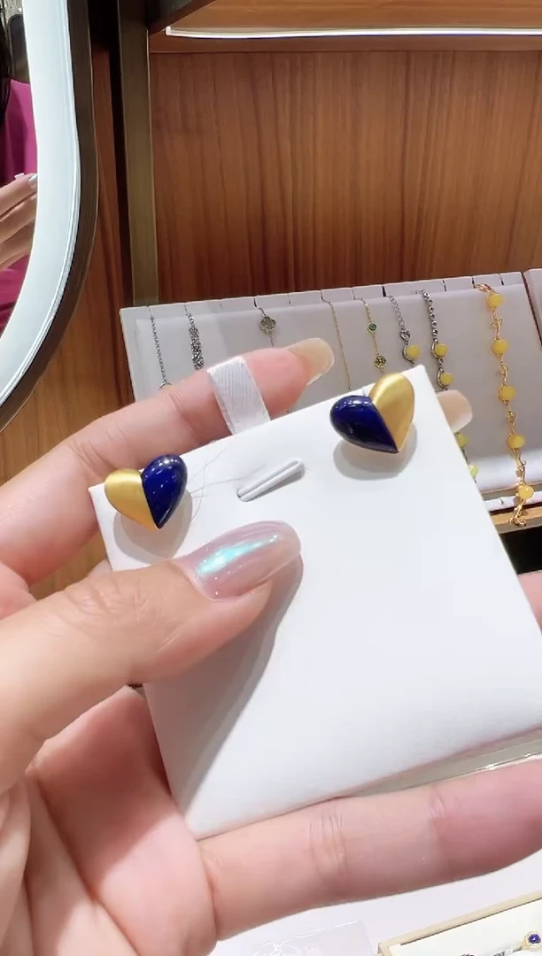 银S925镀金镶嵌青金石耳饰@@