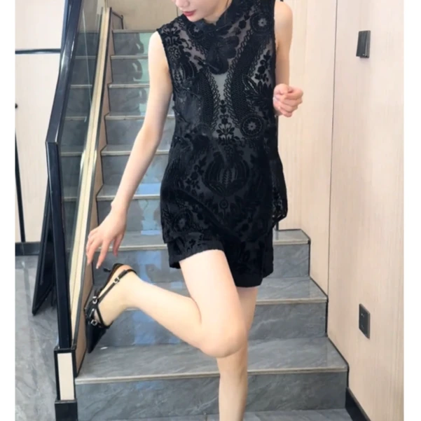 时尚套装修身女装无袖蕾丝提花重工短裤套装中式FJ60202