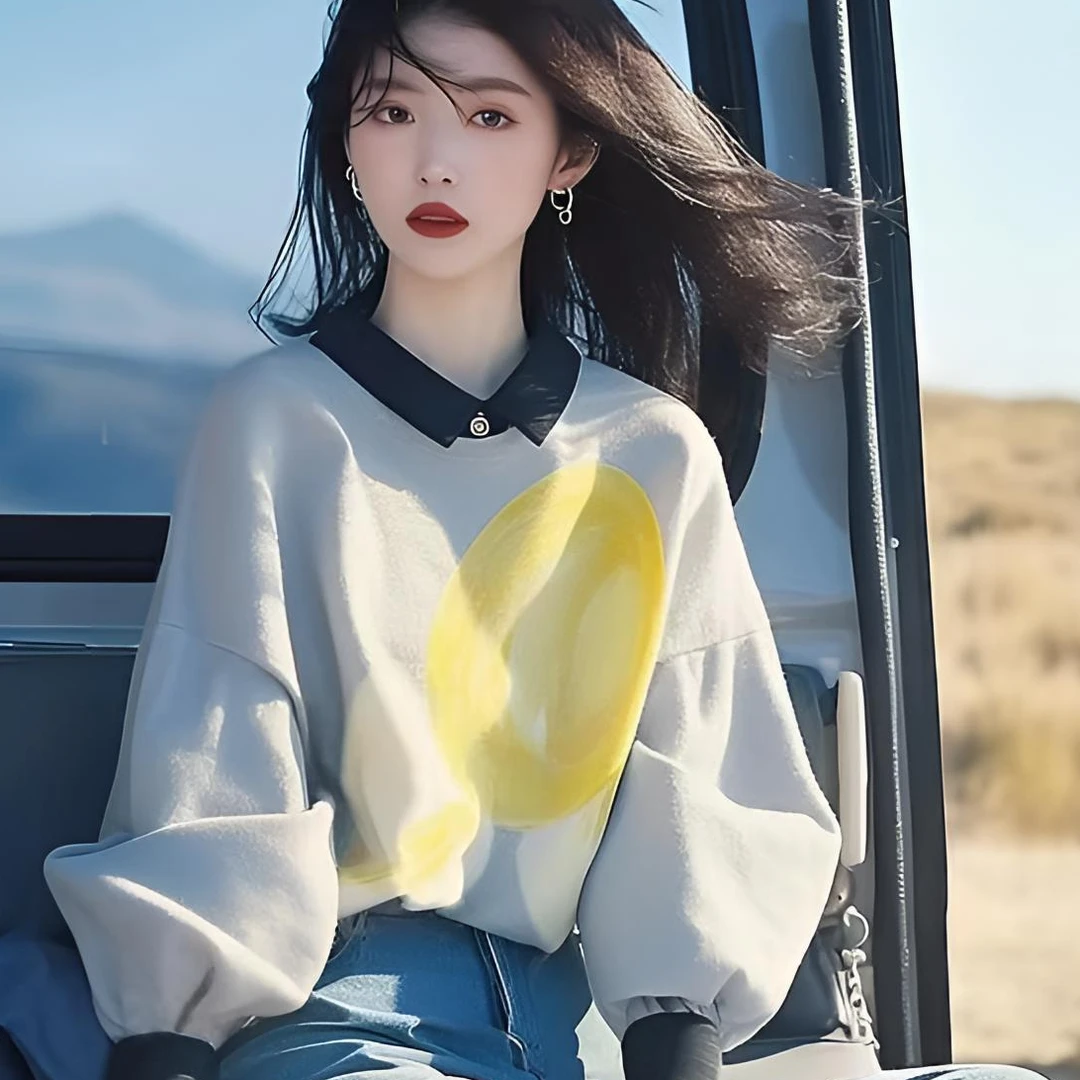 7593 早秋新款爆款时尚洋气美式慵懒宽松显瘦假两件灰色印花卫衣