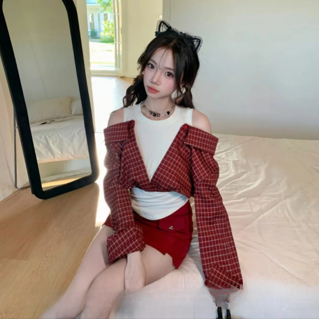 上衣女装休闲风红色显瘦气质格子格纹包臀连衣裙长袖套装裙子短裙