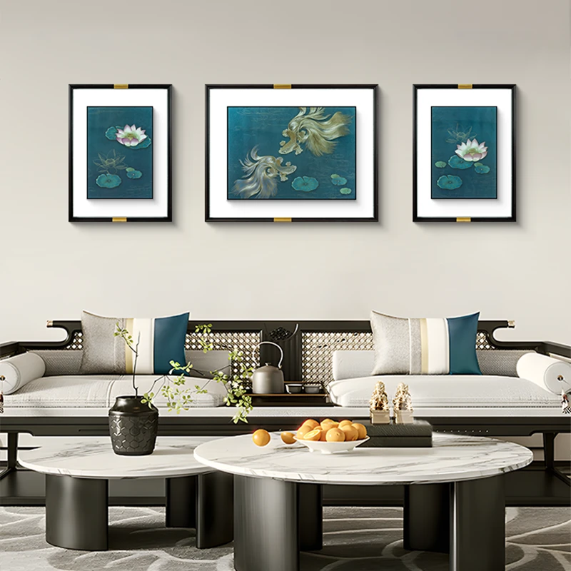 新中式蓝色抽象金鱼酒店茶室书房客厅装饰画壁画方形挂画80220