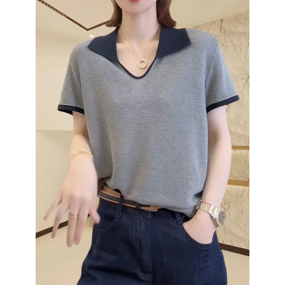 2025新款时尚洋气衣服女士气质上衣韩版拼色女款爆款翻领T恤短袖