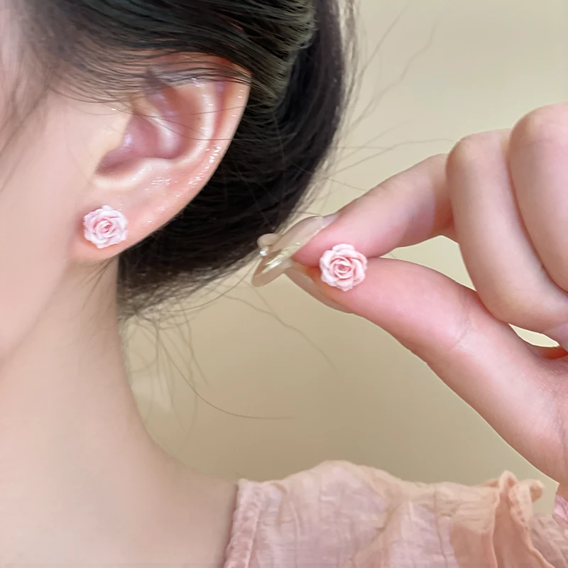 非金属树脂耳饰 粉色玫瑰花朵银针耳钉女气质耳环小众设计感耳饰
