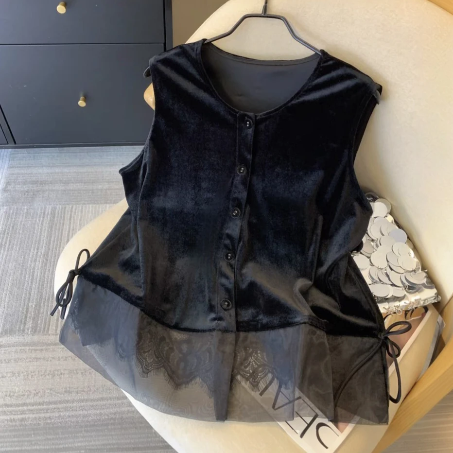欧洲站小香风金丝绒马甲背心女春秋新款欧根纱拼接无袖上衣潮