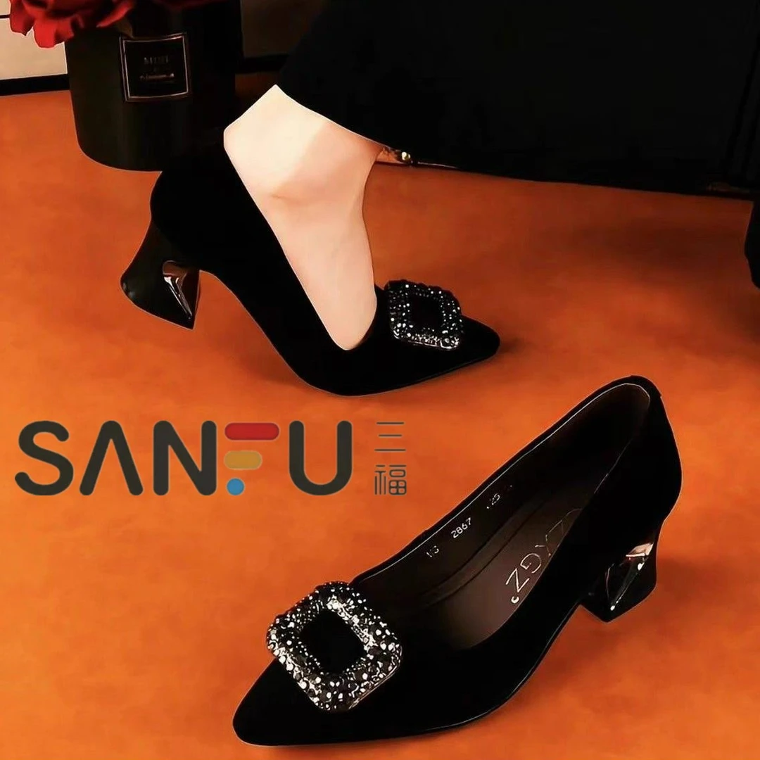 三福水钻2025春秋季时尚加绒职业工作鞋黑色高跟鞋上班方头单鞋女