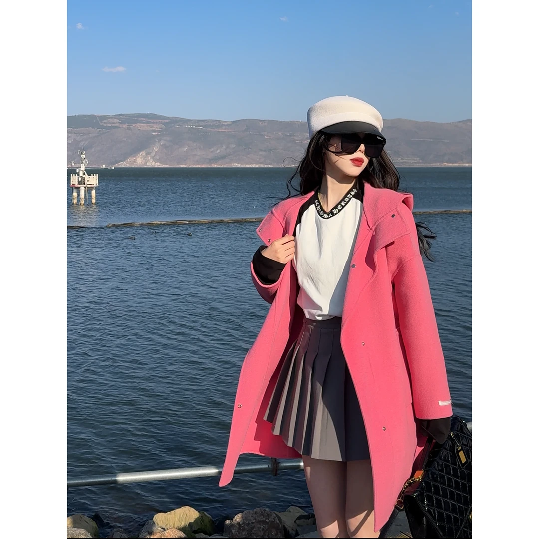 【单大衣乌梅子酱】双面羊毛大衣女2025早春新款中长款连帽毛呢大衣