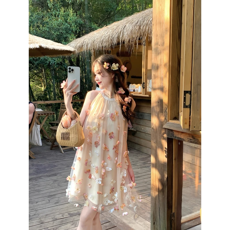 《花神的爱意》绝美花朵法式挂脖连衣裙女夏季新款甜美小个子公主裙