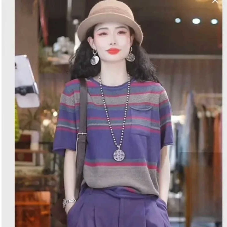 夏季新爆款短袖拼色常规款耐脏T恤套头洋气显瘦韩版短袖针织衫