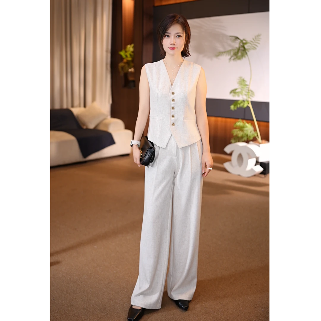 Xi 25251春夏新款老钱风马甲+阔腿裤套装女2025高定轻奢气质显瘦