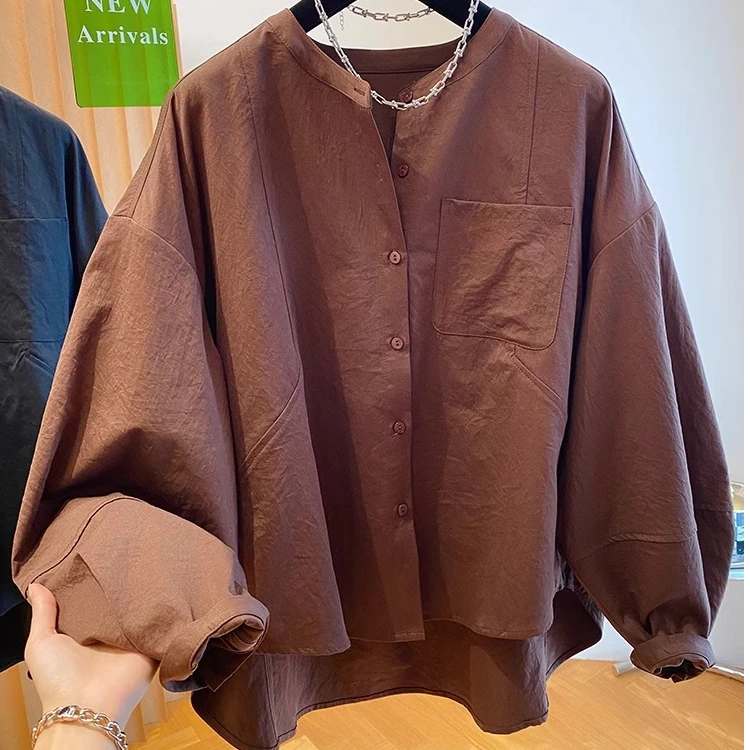 高级感酒红色衬衫女2024新款早秋宽松减龄超好看圆领气质棉质上衣