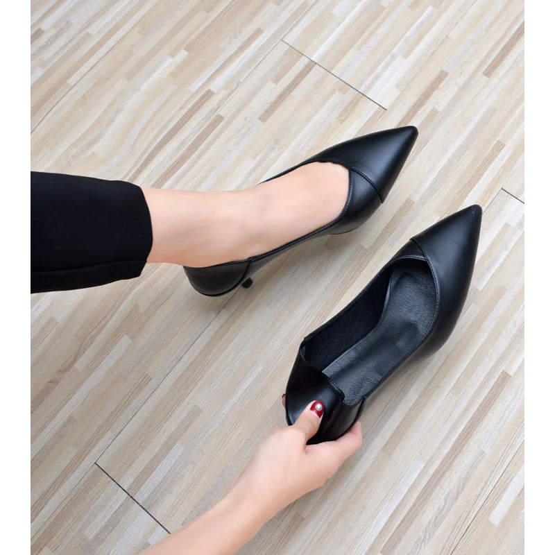 职场高跟鞋2024款春秋季软皮百搭单鞋细跟头层软皮工作鞋女黑色鞋