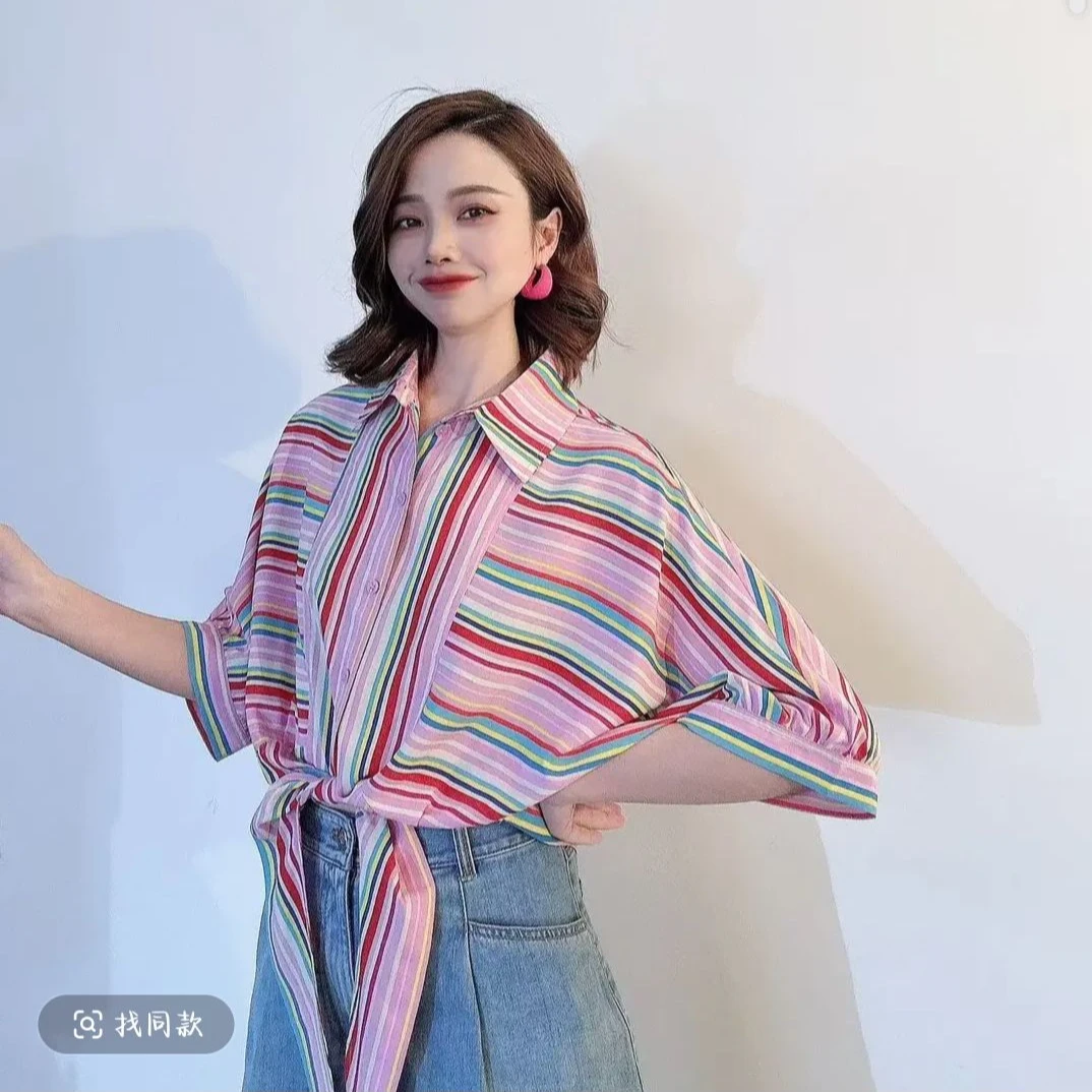 哥弟春夏新品彩虹条纹宽松复古时髦衬衣1301017