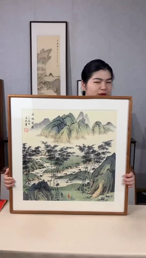 国画手绘*溪林清游*62*62cm实木框