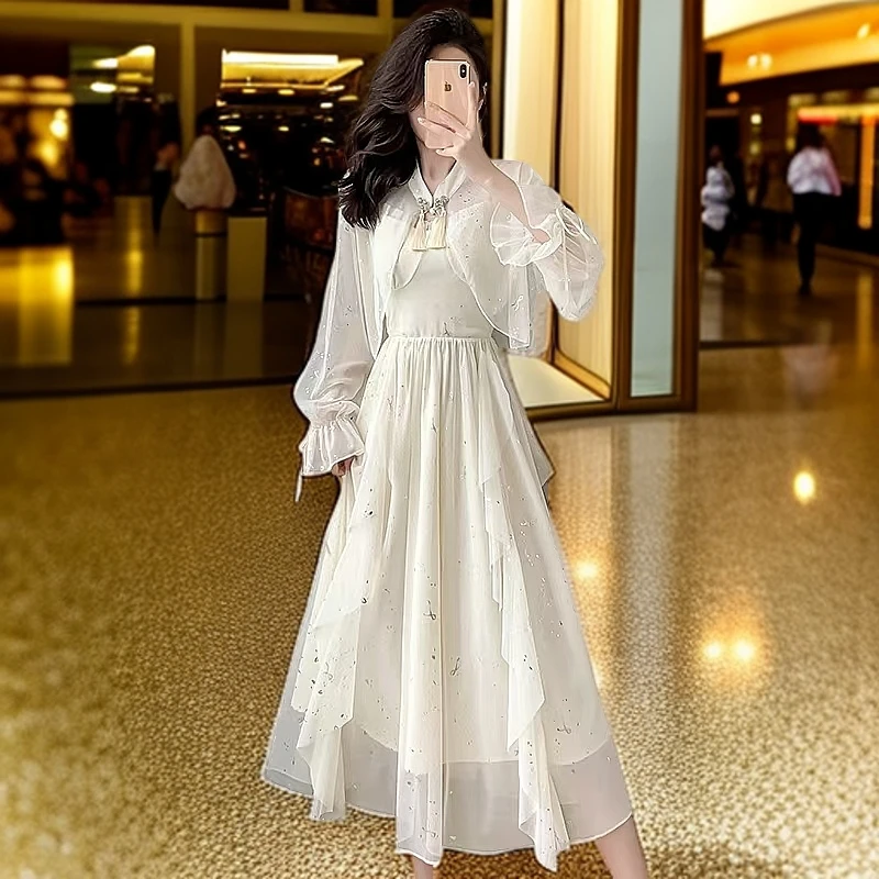 法式不规则荷叶边吊带连衣裙气质收腰甜美减龄别致仙女长裙女装