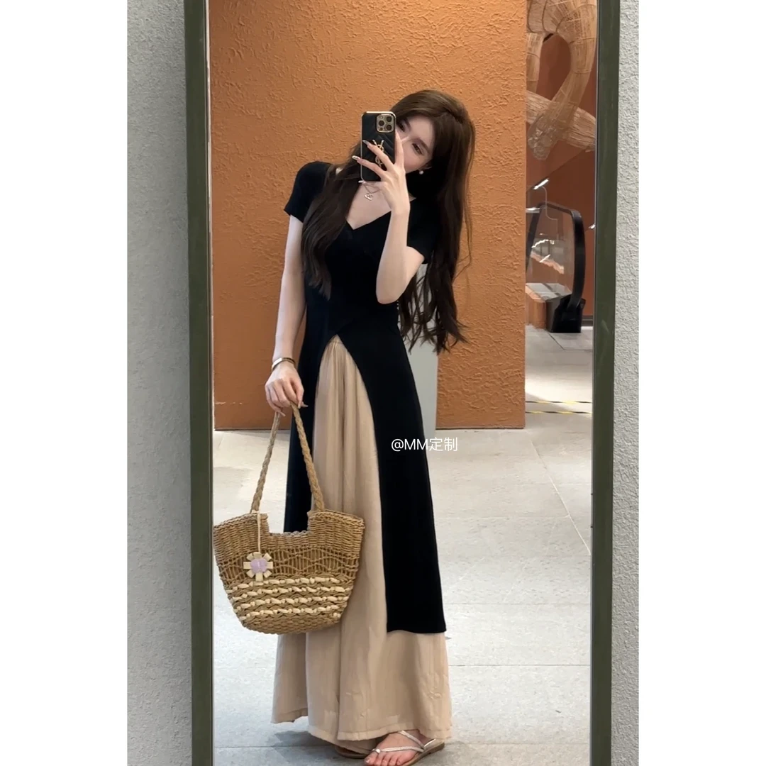 高级感风气质黑色上衣修身领开衫中长款外套女慵懒风阔腿长裤959