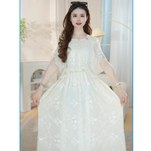 2025夏季新款时尚显瘦减龄百度气质收腰假两件设计感连衣裙