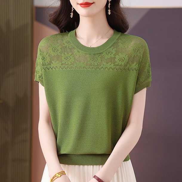 【天丝】时尚镂空圆领飞飞袖2025新款夏季薄款短袖女宽松显瘦妈妈装