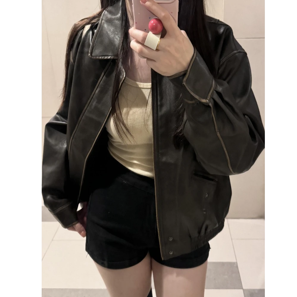 棕色皮衣外套女2025春秋新款美式复古设计感琥珀流光风夹克赛车服