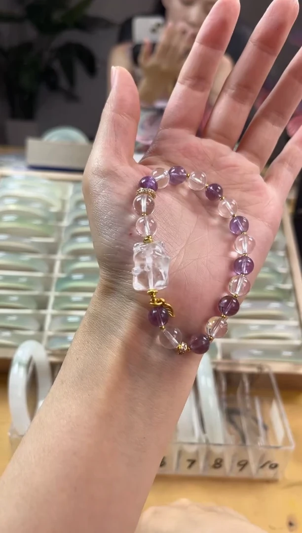 玛瑙/玉髓手镯未镶嵌紫水晶带小猫咪手链非净体