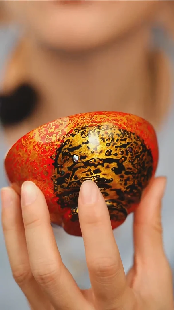 @螺钿犀皮红黑金斗笠杯@ 非遗大漆