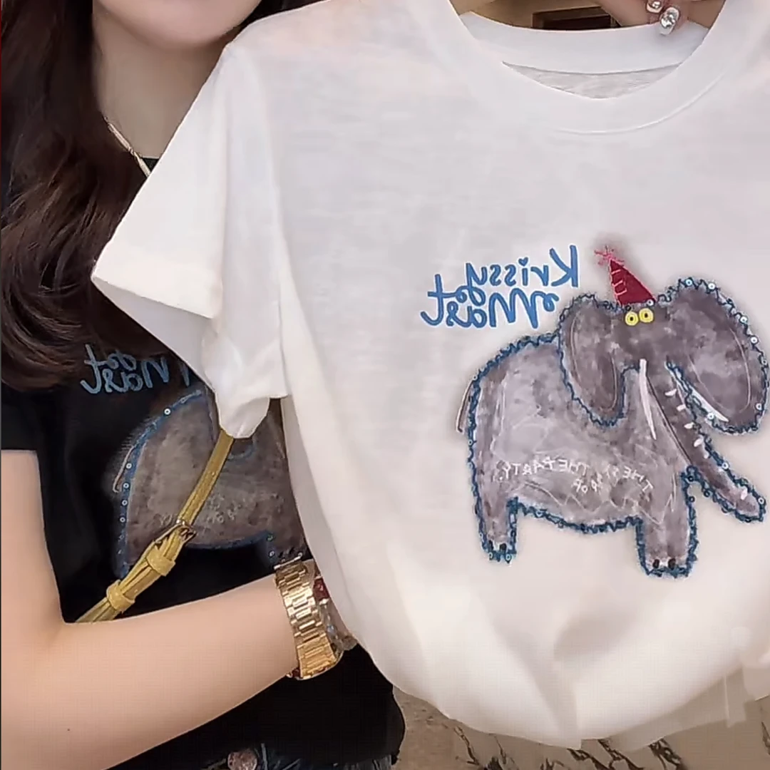 夏季重工百搭显瘦短袖T恤2025新款时尚洋气休闲装设计感套头上衣