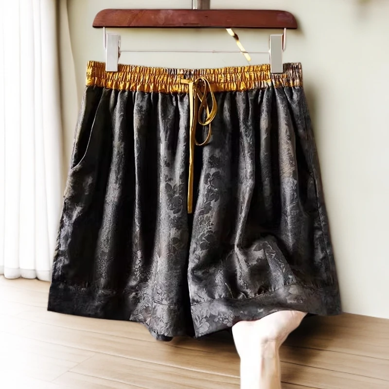 高腰休闲提花五分中裤时尚百搭复古显瘦宽松新中式醋酸阔腿短裤女