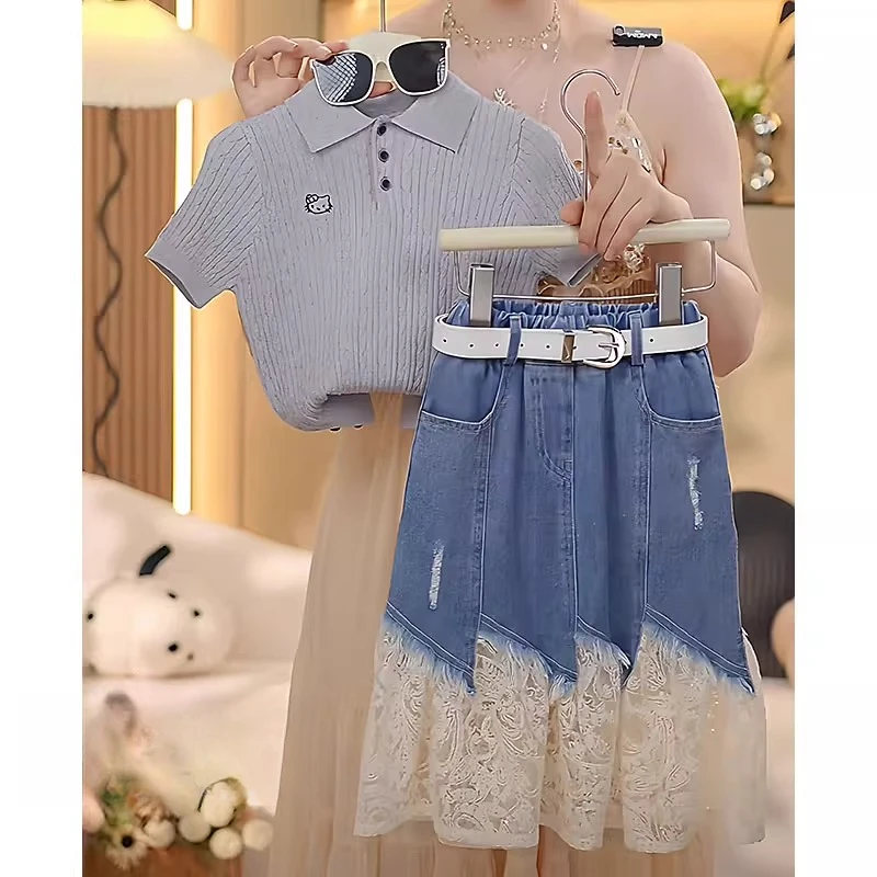 女童冰丝针织衫短袖牛仔半身裙裤套装2025夏款T恤蕾丝花边鱼尾裙