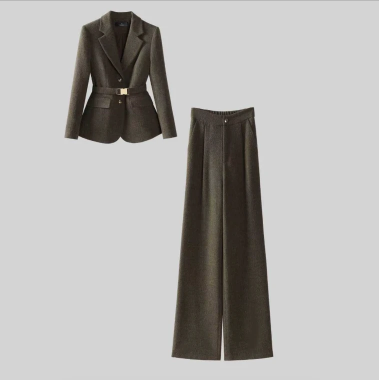 6638秋冬新款斜纹重工时尚显瘦西装套装设计感西服阔腿裤套装