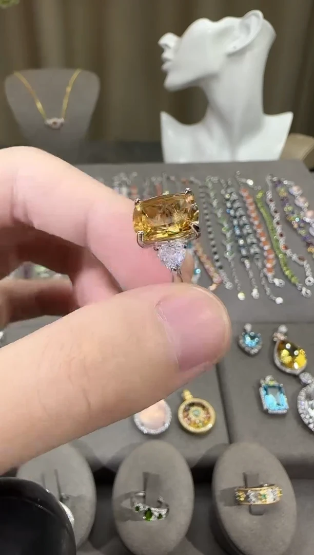 银S925镶嵌戒指黄晶12*10mm戒指无事牌设计款
